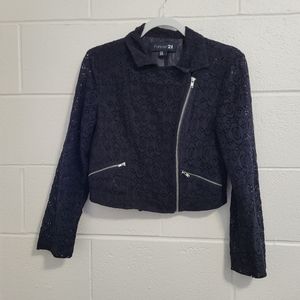 💙 Forever 21 asymmetrical black lace zip blazer jacket cardigan cover up